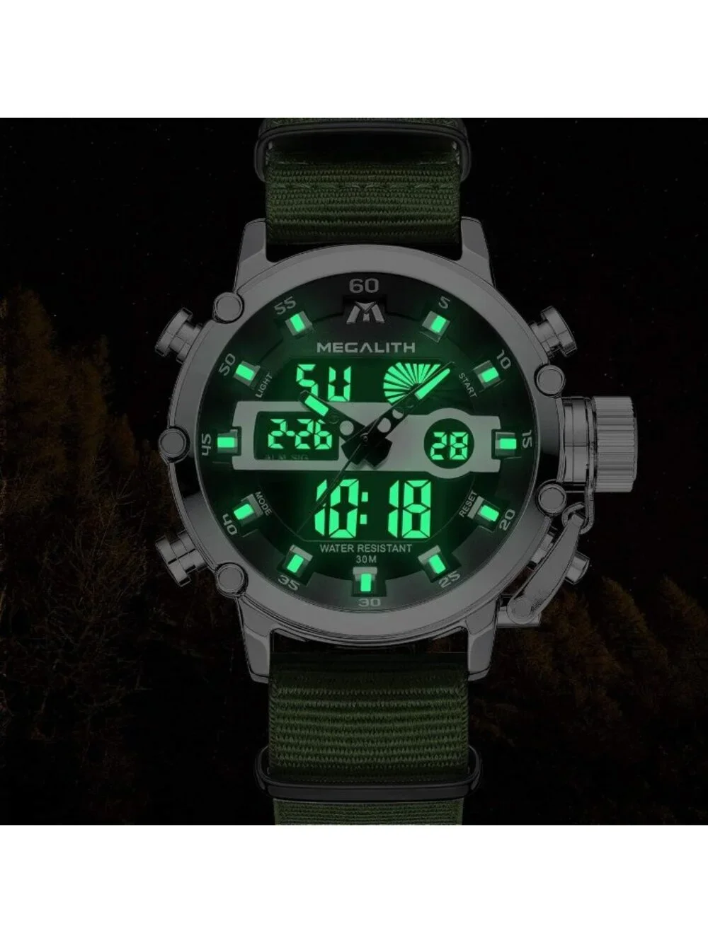 Mens Green And Silver Analog Nylon Strap Waterproof Multifunction Digital Watch